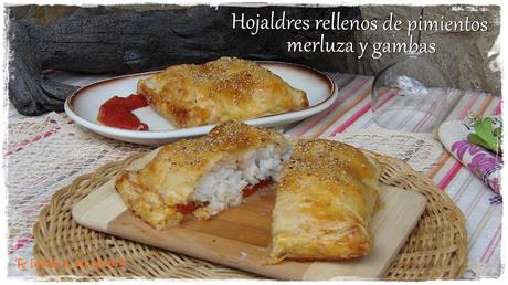 Hojaldres rellenos de pimientos, merluza y gambas