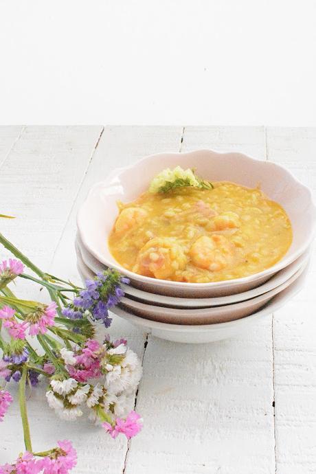 Arroz a la crema de calabaza con bacon y langostinos sin gluten, sin lactosa Arroz a la crema de calabaza con bacon y langostinos sin gluten, sin lactosa