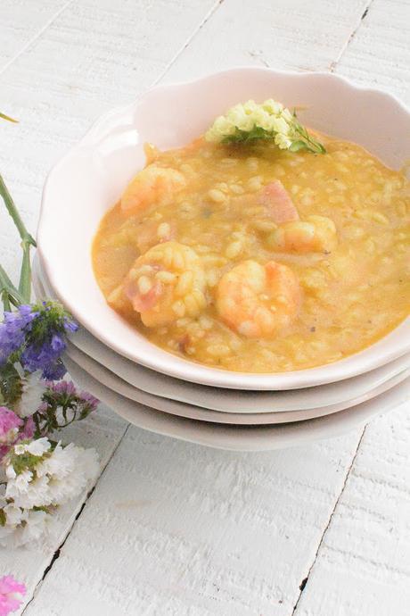 Arroz a la crema de calabaza con bacon y langostinos sin gluten, sin lactosa Arroz a la crema de calabaza con bacon y langostinos sin gluten, sin lactosa