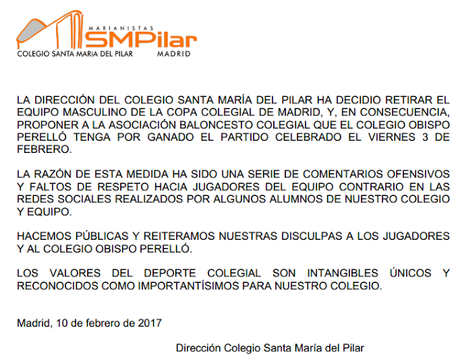 El Colegio Santa María del Pilar retira a su equipo de baloncesto por insultos en las redes al rival