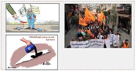 A la derecha: Una manifestación de protesta en Ramallah realizada por iniciativa de la organización de la “ Iniciativa nacional contra la ley de Regulación en Israel” ( PALINFO, 11 de febrero de 2017). A la izquierda arriba: Una caricatura publicada originalmente en Al Jazeera, que se burla de Mahmoud Abbas quien a pesar de la Ley de Regulación continúa estando del lado del acuerdo de seguridad y de las negociaciones con Israel (cuenta Twitter PALINFO, 10 de febrero de 2017). A la izquierda abajo: Una caricatura publicada por Hamás, según la cual la Ley de Regulación hace desaparecer territorios palestinos “El Parlamento aprobó oficialmente el blanqueo de los asentamientos en la costa oeste (Judea/Samaria) (Cuenta Twitter PALINFO, 8 de febrero de 2017)