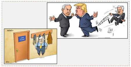 A la derecha: Una caricatura en la revista al Risala que expresa el futuro de Mahmoud Abbas y de la Autoridad Palestina en la era del nuevo gobierno de los Estados Unidos (al Risala, 13 de febrero de 2017). A la izquierda: Una caricatura más de Hamás en la que se ve a Mahmoud Abbas colgado de un perchero mientras que la puerta en la que dice Trump está cerrada para Mahmoud Abbas (cuenta Twitter PALINFO, 11 de febrero de 2017)