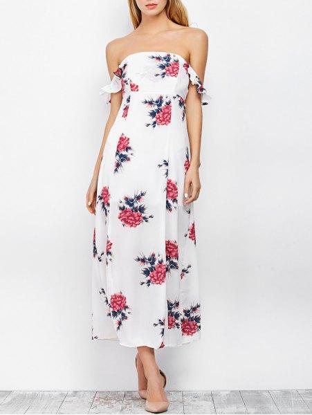 Maxi con el vestido de la impresión floral del hombro