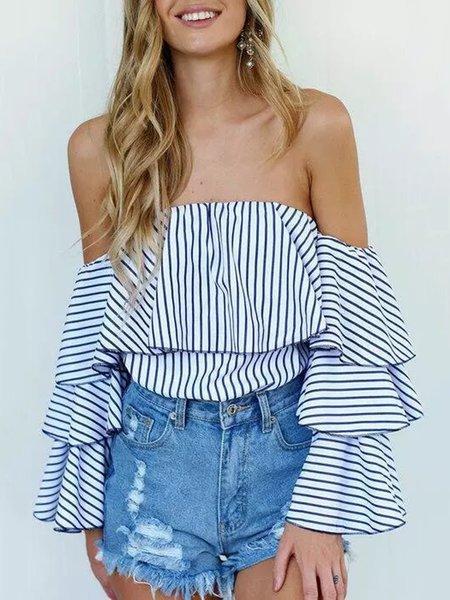 White Casual Frill Sleeve Stripes Off Shoulder Top