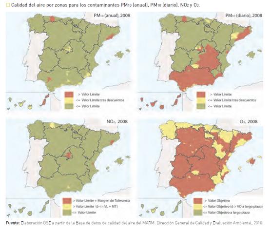 Calidad del aire en España por zonas para los contaminantes PM10, NO2 y Ozono (2008)