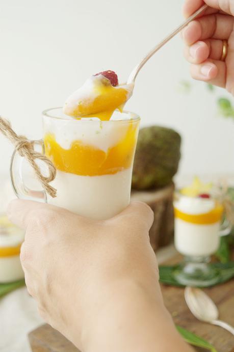 Pannacotta de guanábana con coulis de mango y yogurt, simplemente delicioso