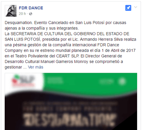 Secretaria de Cultura hace una pésima gestión: FDR Dance Company