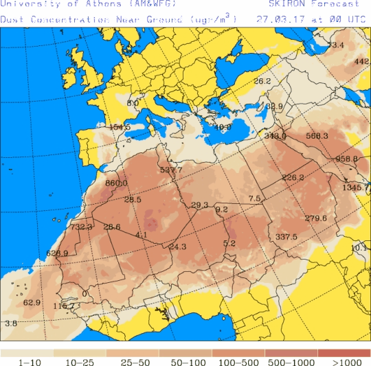 España: Polvo africano (Pronóstico para 27-marzo-2017)