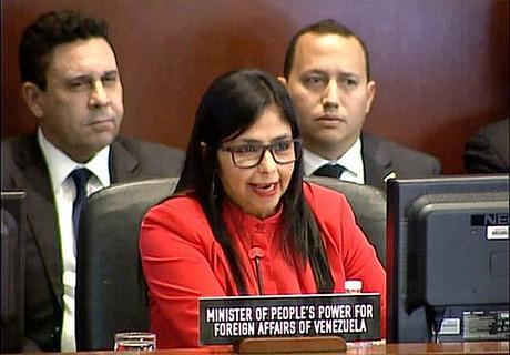 La canciller venezolana Delcy Rodríguez se dirige ante la plenaria de manera contundente ante el proceso injerencista de Luis Almagro y 