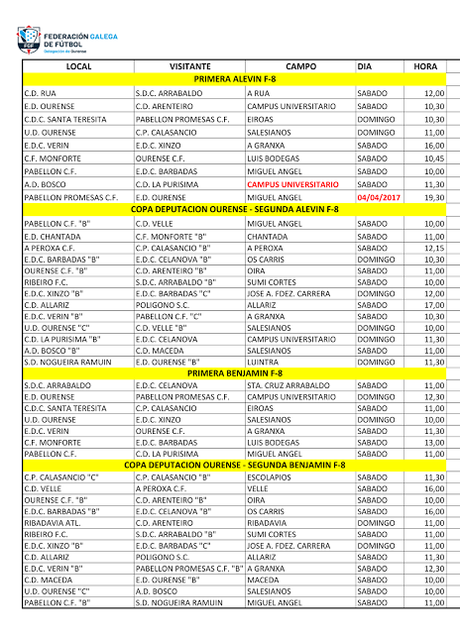 Horarios futbol ourensano, 1 y 2 de Abril