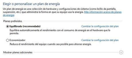 Opciones de energía en Windows 10