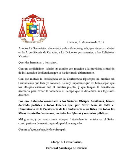 Cardenal Urosa Savino ordena convocar a “desobediencia civil” en misas de este domingo #Venezuela #Religiones