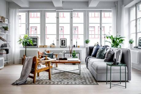 piso en antigua fábrica diseño loft decoración nórdica decoración loft decoración interiores suecos decoración gris madera plantas blog decoración escandinava Apartamento tipo loft con grandes ventanales 