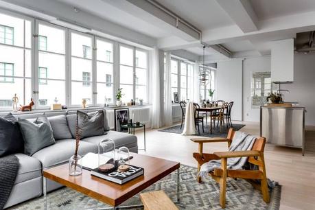 piso en antigua fábrica diseño loft decoración nórdica decoración loft decoración interiores suecos decoración gris madera plantas blog decoración escandinava Apartamento tipo loft con grandes ventanales 