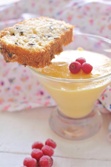 Sabayón a la sidra con plum cake con choco chips sin gluten