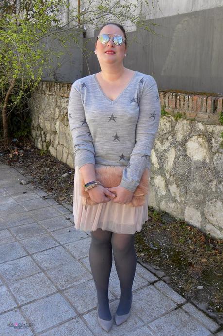 Look talla grande plus size curvy falda tul jersey de estrellas violeta by mango outfit primavera