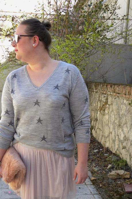 Look talla grande plus size curvy falda tul jersey de estrellas violeta by mango outfit primavera