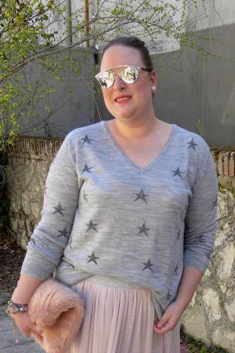 Look talla grande plus size curvy falda tul jersey de estrellas violeta by mango outfit primavera