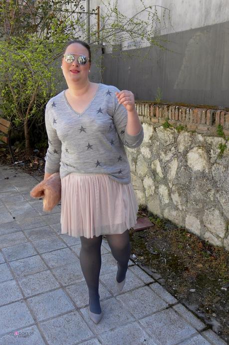 Look talla grande plus size curvy falda tul jersey de estrellas violeta by mango outfit primavera