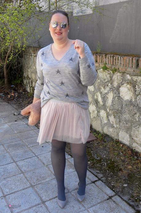 Look talla grande plus size curvy falda tul jersey de estrellas violeta by mango outfit primavera