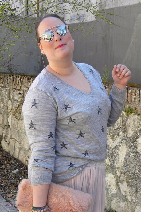 Look talla grande plus size curvy falda tul jersey de estrellas violeta by mango outfit primavera