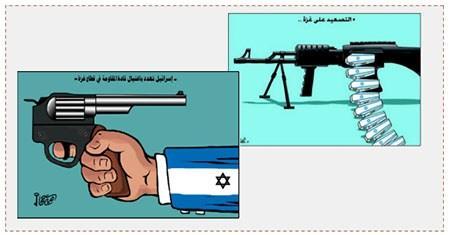 Dos caricaturas de Omaya Joha que se identifica con Hamás. Las dos se refieren a las amenazas israelíes contra la Franja de Gaza (“Filastin”, 31 de marzo; al Risala.net, 30 de marzo de 2017)