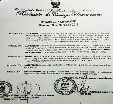 La mentira tiene patas cortas: UNJFSC ANULO TÍTULO DE ABOGADO A ELARD MELGAR…