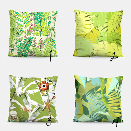 pillows combo in botanical patterns and greenery pantone color