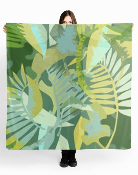 scarf printed in botanical pattern, greenery pantone 2017 color