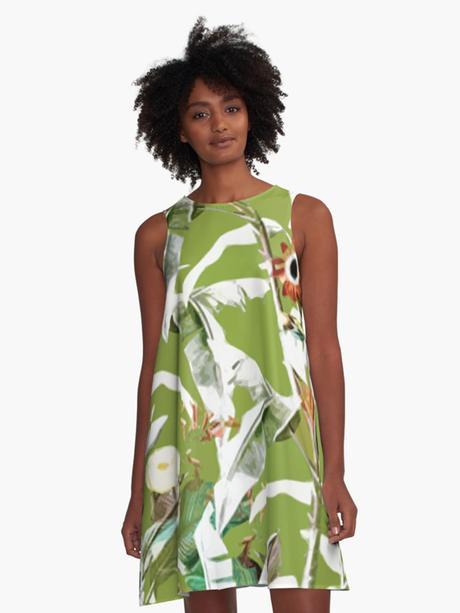 A-line dress printed in a greenery botanical pattern, summer fashion trends