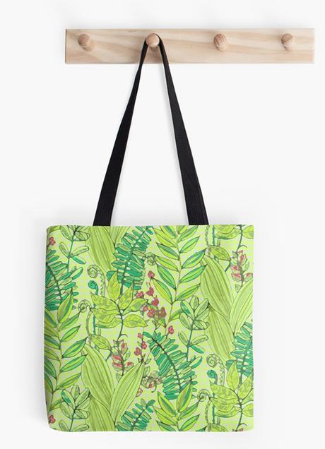 printed tote bag, greenery leaves and flowers pattern at RedBubble