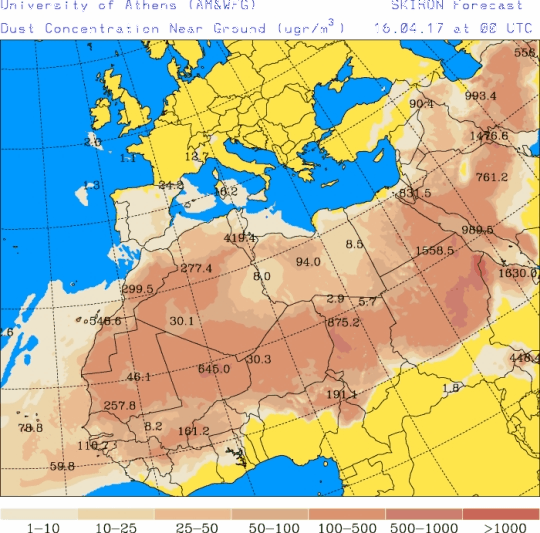 España: Polvo africano (Pronóstico para 16-abril-2017)