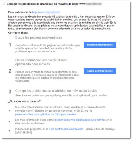 Mensaje usabilidad en móviles Google Webmasters Tools