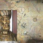 Un busto de bronce del Almirante y cartógrafo turco, Piri Reis y su mapa hecho en 1513. (Wikimedia Commons)