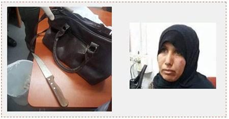 A la derecha: La aqcuchilladora Assia Kabaneh (página facebook QUDSN, 24 de abril de 2017). A la izquierda: El cuchillo con el que realizó su atentado (cuenta Twitter PALINFO, 24 de abril de 2017)