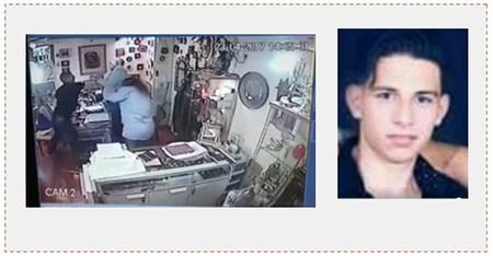 A la derecha: El realizador del atentado Imad Daghar al Aghbar (NNPRESS, 23 de abril de 2017). A la izquierda: Fotografía de un Video que documenta el atentado de acuchillado tal como fue fotografiado por la cámara de seguridad en una tienda de un hotel de Tel Aviv (página facebook QUDSN, 24 de abril de 2017)