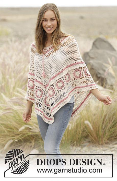 Poncho with lace pattern and crochet squares, worked top down in DROPS Belle. Sizes S - XXXL. Free pattern by DROPS Design.