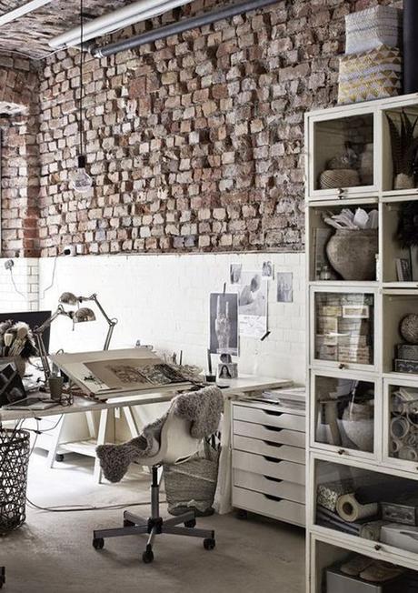 work spaces, brick walls, white painted furniture