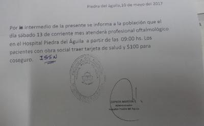 Llega un oftalmólogo al Hospital Piedra del Aguila
