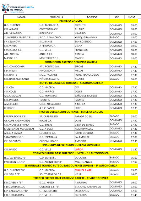 Horarios fútbol ourensano, 13-14 de Mayo