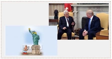 A la derecha: Mahmoud Abbas se reune con el Presidente de los Estados Unidos, Donald Trump, en la Casa Blanca (WAFA, 3 de mayo de 2017). A la izquierda: Caricatura publicada por Hamás que se burla de Mahmoud Abbas por la supuesta humillación, el servilismo, ante el presidente de los Estados Unidos (Al Risala.net, 3 de mayo de 2017) 