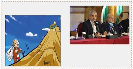 A la derecha: Rueda de prensa en Cátar en la que Khaled Mashal se refirió al documento político de Hamás (cuenta Twitter PALINFO, 1 de mayo de 2017). A la izquierda: Caricatura de Omaya Joha en la que se ve a Khaled Mashal caminando hacia la mezquita al Aqsa, con el documento (político) en su espalda y un rifle en la mano (al Risala net, 4 de mayo de 2017) 