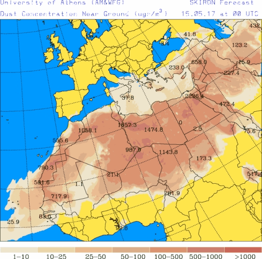 España: Polvo africano (Pronóstico para 15-mayo-2017)