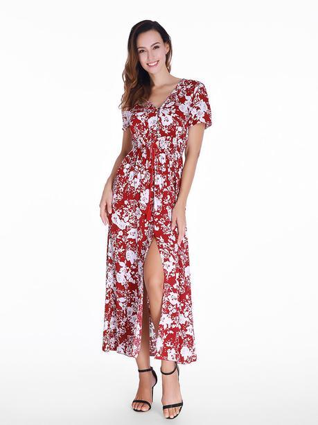 New Chic, cambio de armario Gracila Women Floral Printed Self Tie Fringe Split Long Maxi Boho Dresses