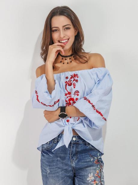 New Chic, cambio de armario Off-shoulder Embroidered Loose Tie 3/4 Sleeve Blouse For Women