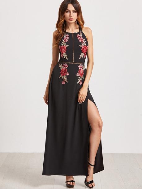 New Chic, cambio de armario Sexy Floral Embroidered Backless Slit Hem Halter Women Maxi Dress