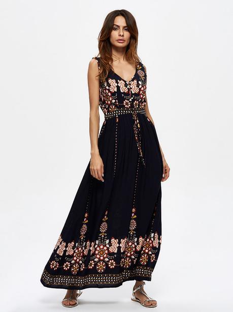 New Chic, cambio de armario Folk Style Floral Print Sleeveless V-neck Maxi Dress For Women