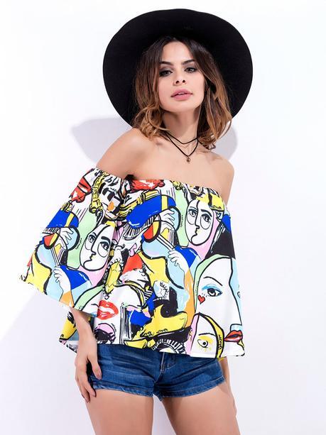 New Chic, cambio de armario Sexy Graffiti Printing Off-shoulder Horn Sleeve Women Blouse