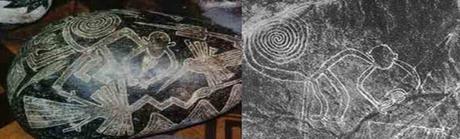 A la derecha hay un geoglifo de Nazca, casi idéntico al símbolo que está presente en una piedra de Ica a la izquierda.