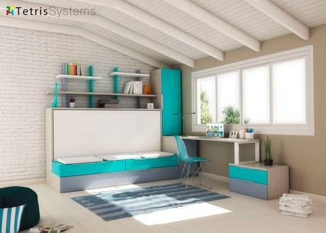 Cama abatible con sofá, nido, escritorio y armario